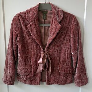 Anthropologie Pink Velvet Jacket w Ribbon Closure